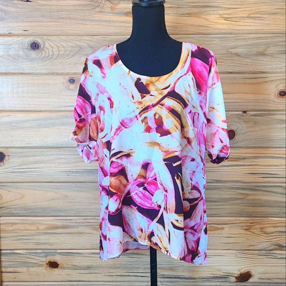 Jennifer Lopez Women's Chiffon Roll Tab Blouse Abstract Floral Large
